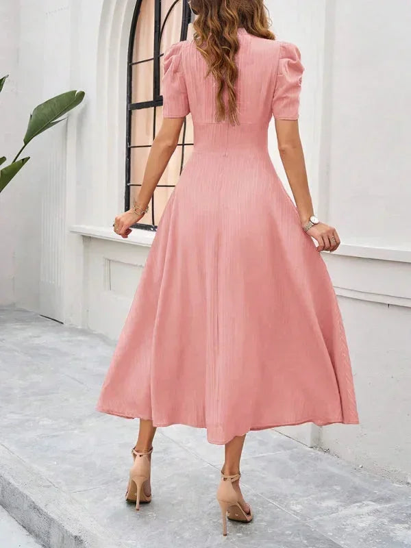 Midi Dress with V-Neck and Puff Sleeves for Women