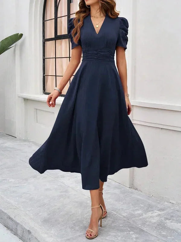 Midi Dress with V-Neck and Puff Sleeves for Women