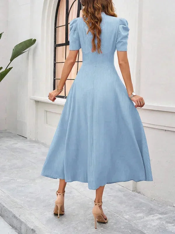 Midi Dress with V-Neck and Puff Sleeves for Women