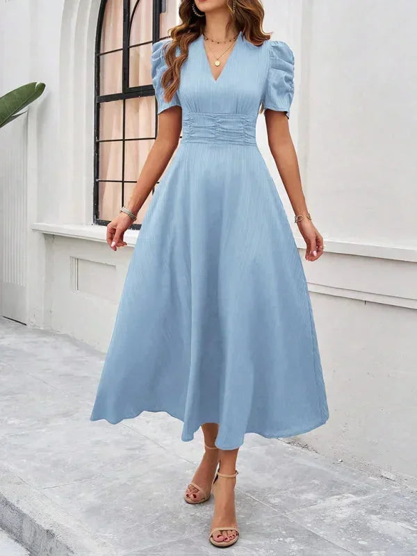Midi Dress with V-Neck and Puff Sleeves for Women