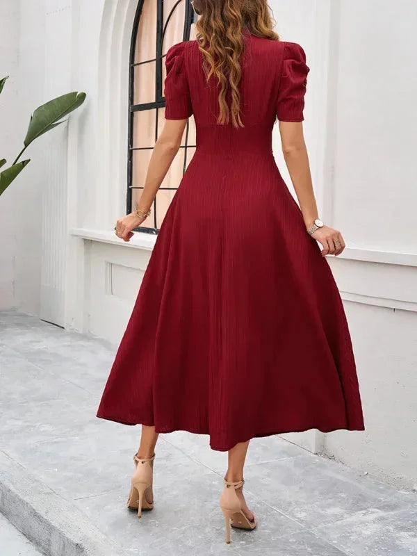 Midi Dress with V-Neck and Puff Sleeves for Women