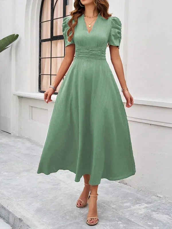 Midi Dress with V-Neck and Puff Sleeves for Women
