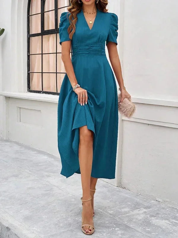 Midi Dress with V-Neck and Puff Sleeves for Women