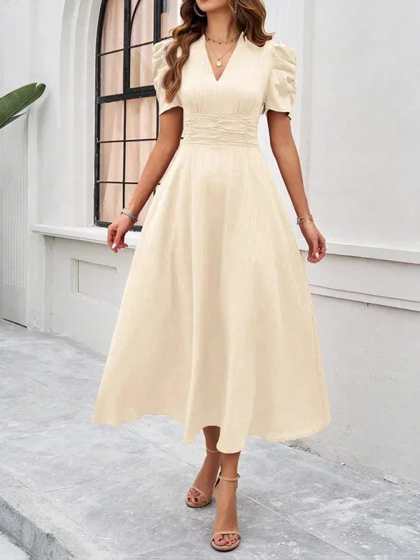 Midi Dress with V-Neck and Puff Sleeves for Women