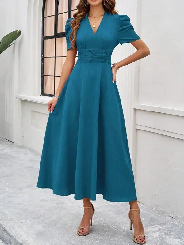 Midi Dress with V-Neck and Puff Sleeves for Women
