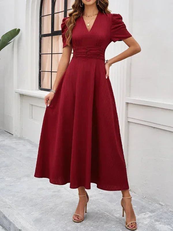 Midi Dress with V-Neck and Puff Sleeves for Women