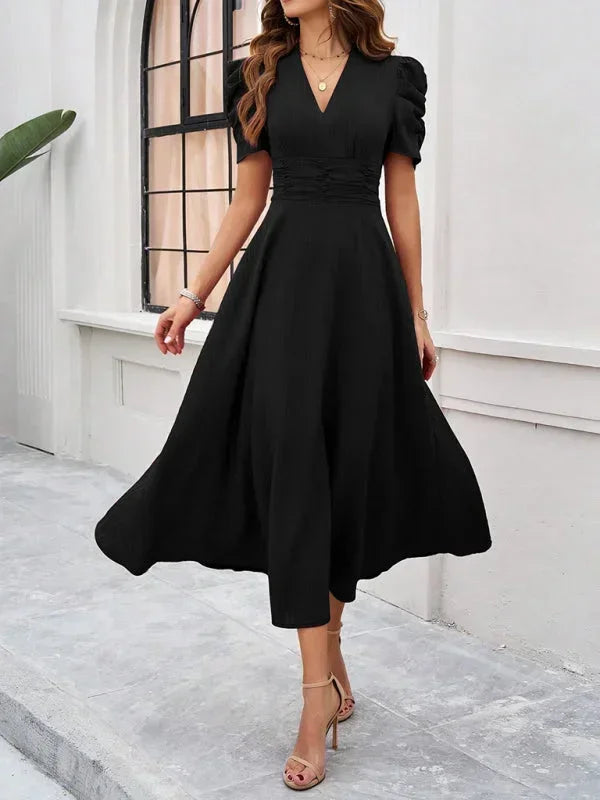 Midi Dress with V-Neck and Puff Sleeves for Women