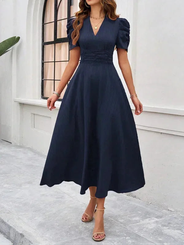 Midi Dress with V-Neck and Puff Sleeves for Women