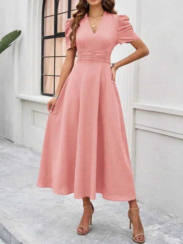 Midi Dress with V-Neck and Puff Sleeves for Women