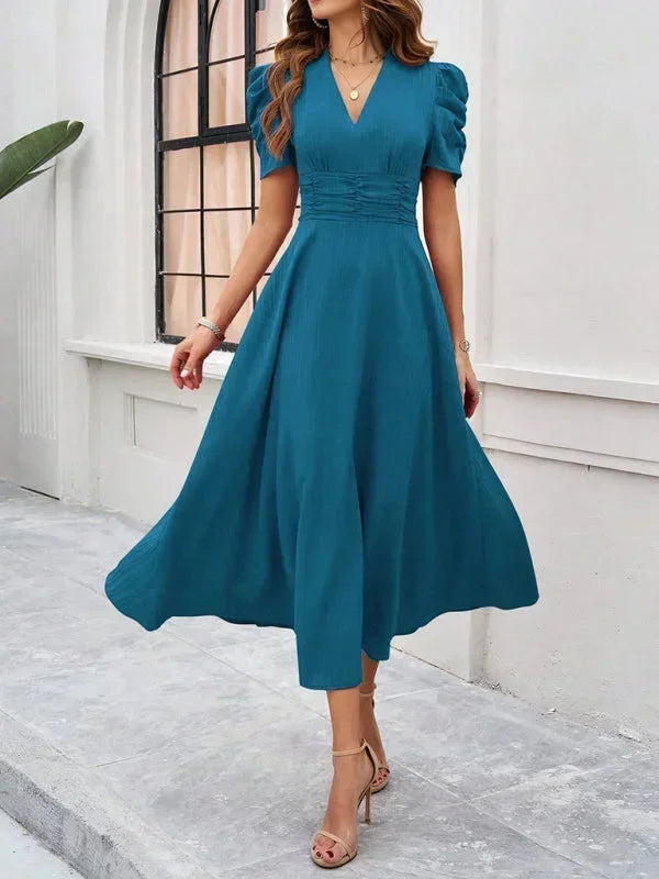 Midi Dress with V-Neck and Puff Sleeves for Women