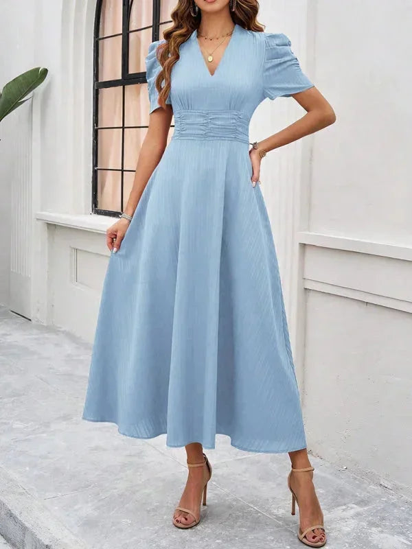 Midi Dress with V-Neck and Puff Sleeves for Women
