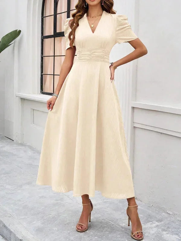 Midi Dress with V-Neck and Puff Sleeves for Women