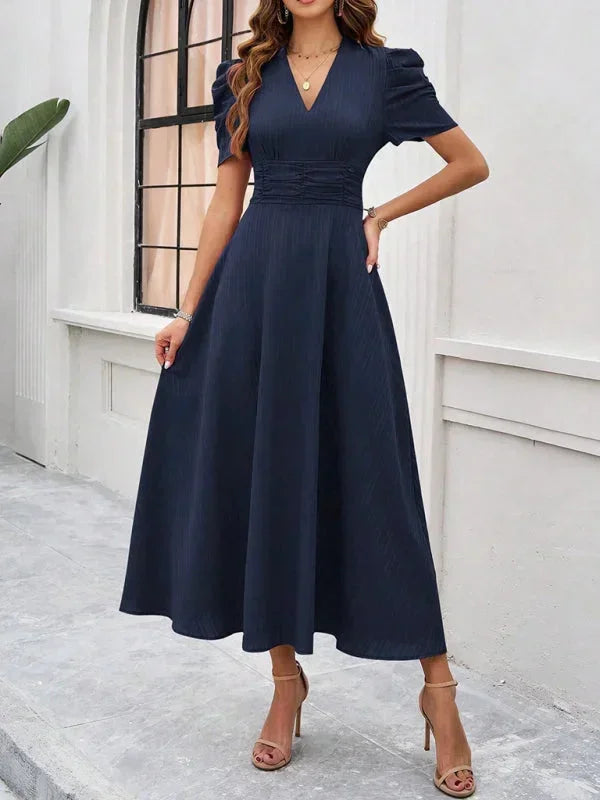 Midi Dress with V-Neck and Puff Sleeves for Women