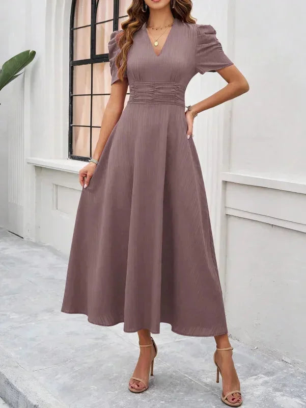 Midi Dress with V-Neck and Puff Sleeves for Women
