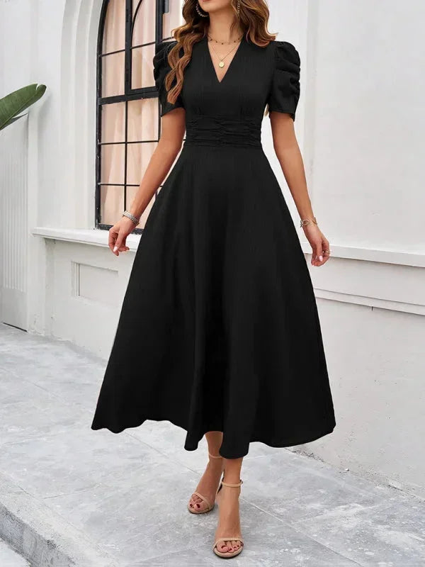 Midi Dress with V-Neck and Puff Sleeves for Women