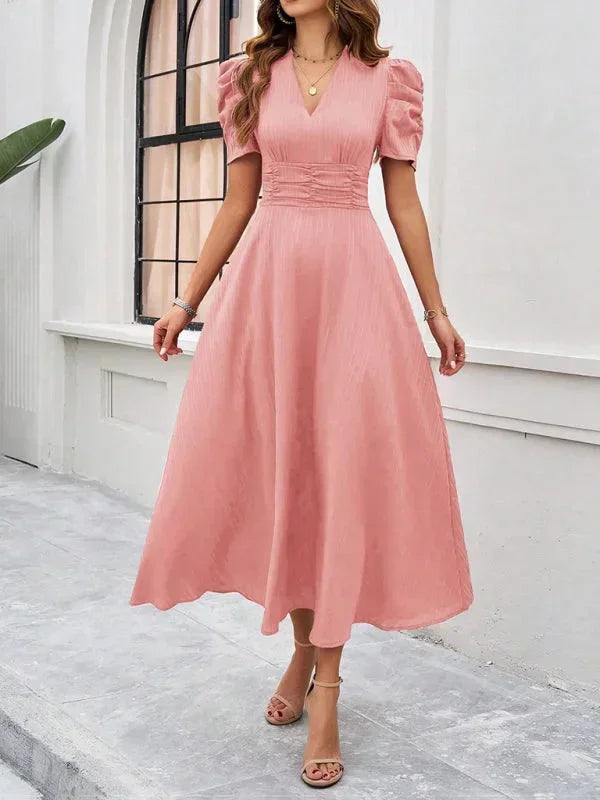 Midi Dress with V-Neck and Puff Sleeves for Women