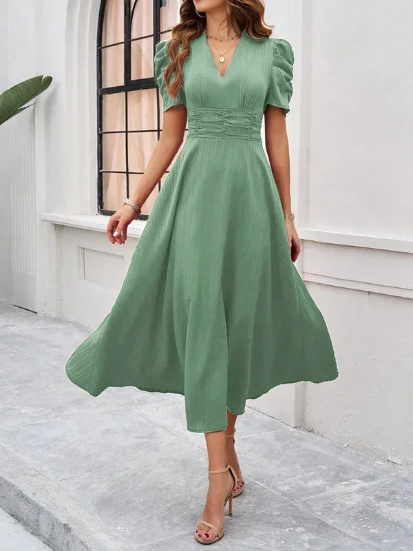 Midi Dress with V-Neck and Puff Sleeves for Women