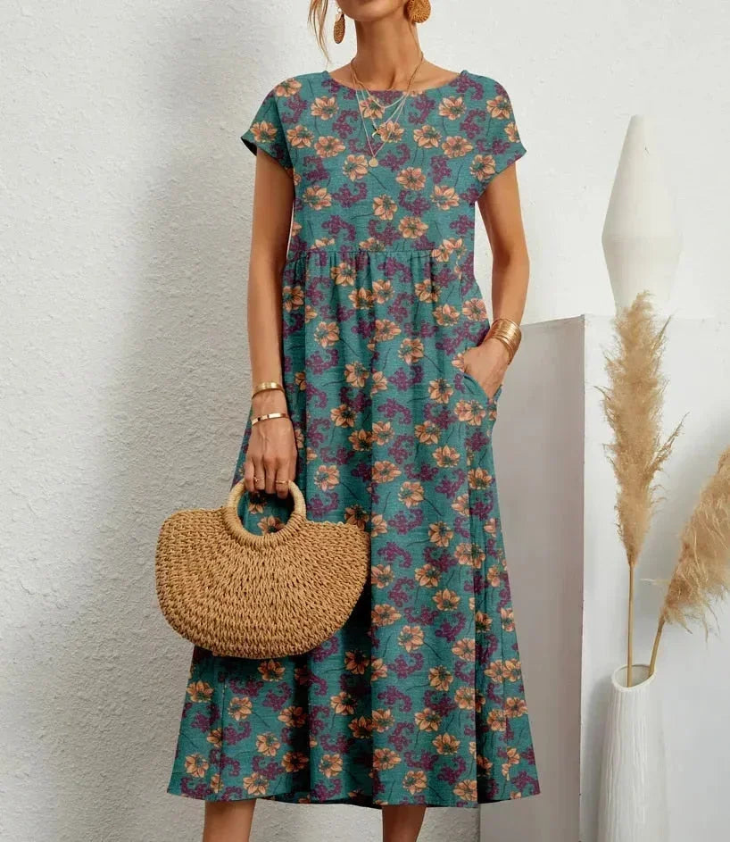 Women's Midi Dress in Floral Print Cotton with Pockets