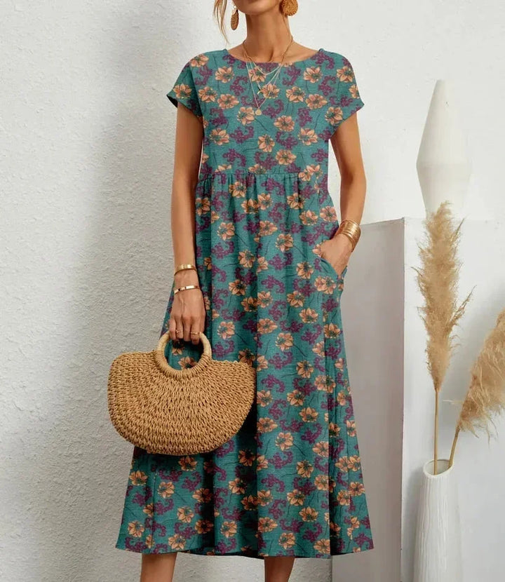 Women's Midi Dress in Floral Print Cotton with Pockets