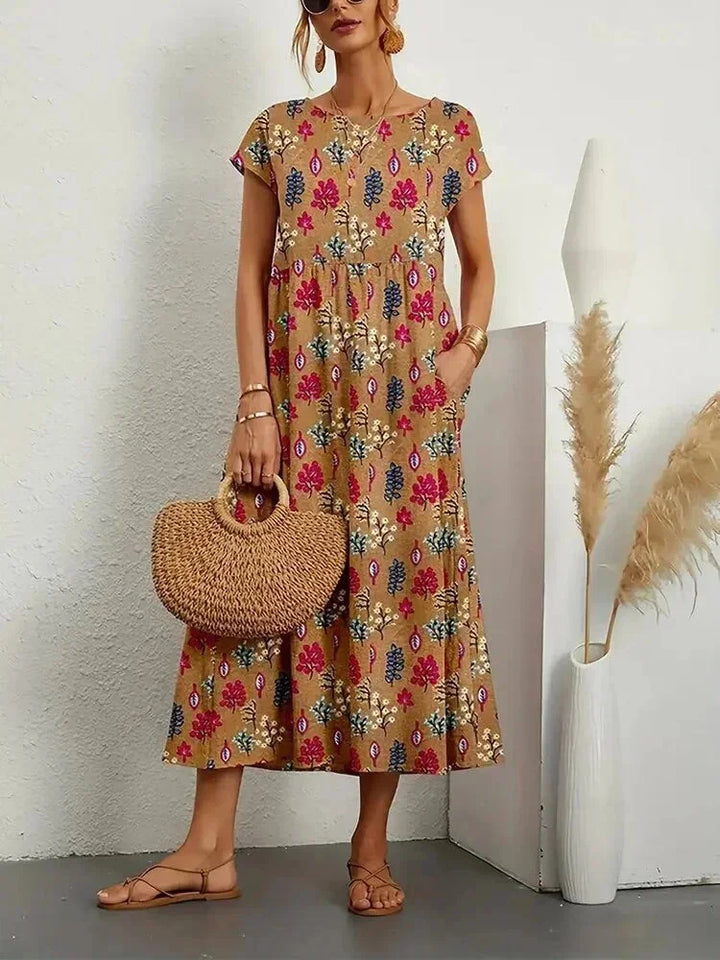 Women's Midi Dress in Floral Print Cotton with Pockets