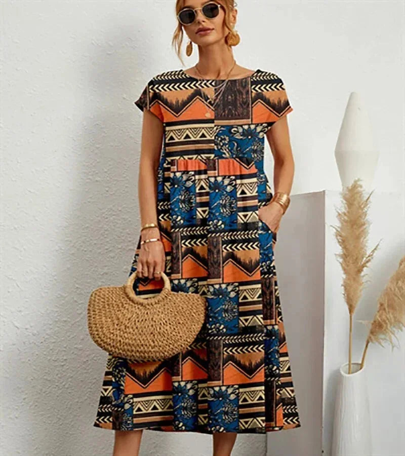 Women's Midi Dress in Floral Print Cotton with Pockets