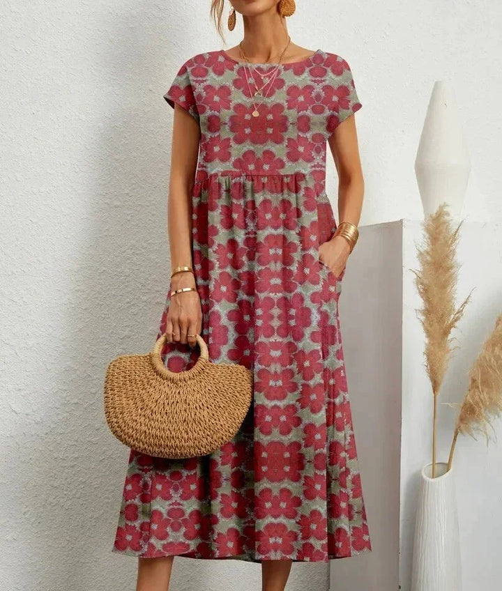Women's Midi Dress in Floral Print Cotton with Pockets