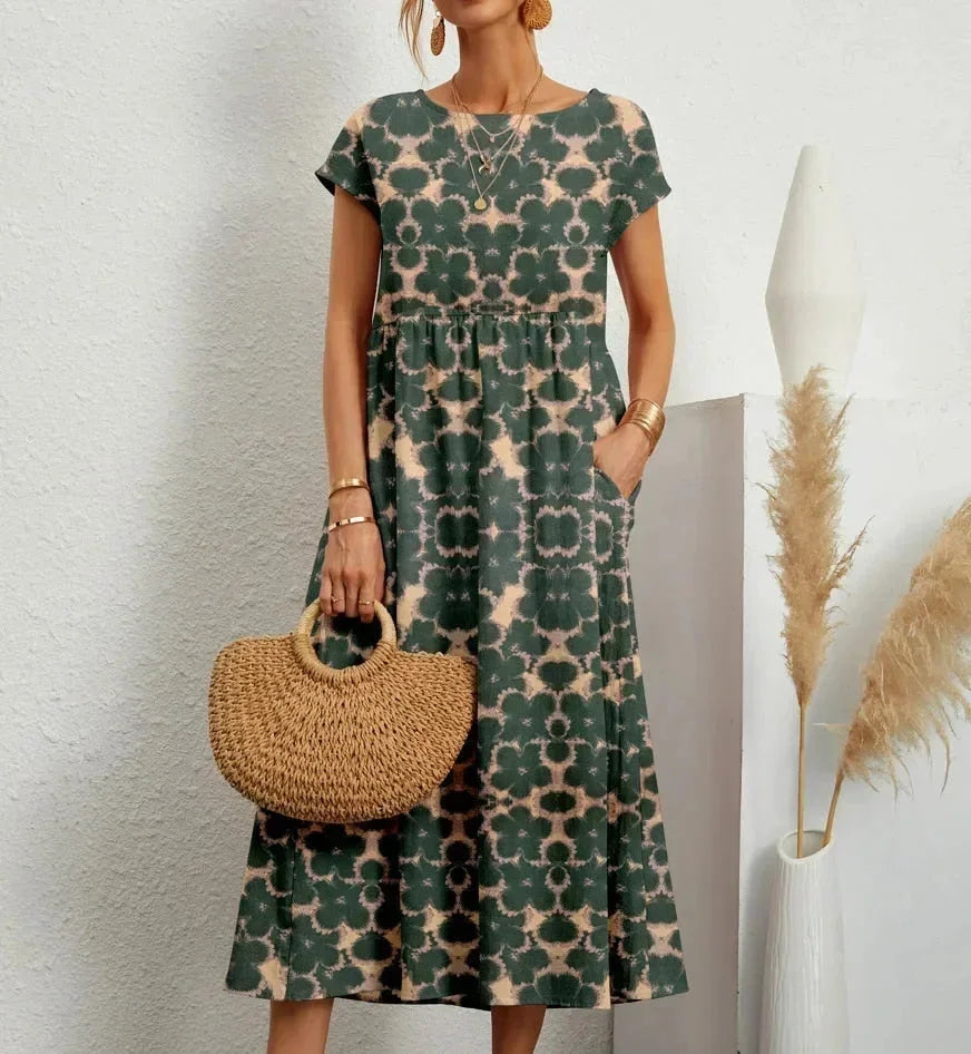 Women's Midi Dress in Floral Print Cotton with Pockets