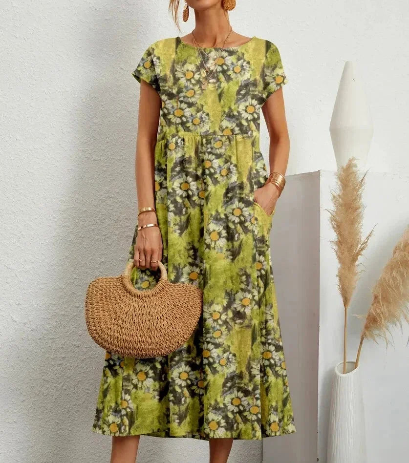 Women's Midi Dress in Floral Print Cotton with Pockets