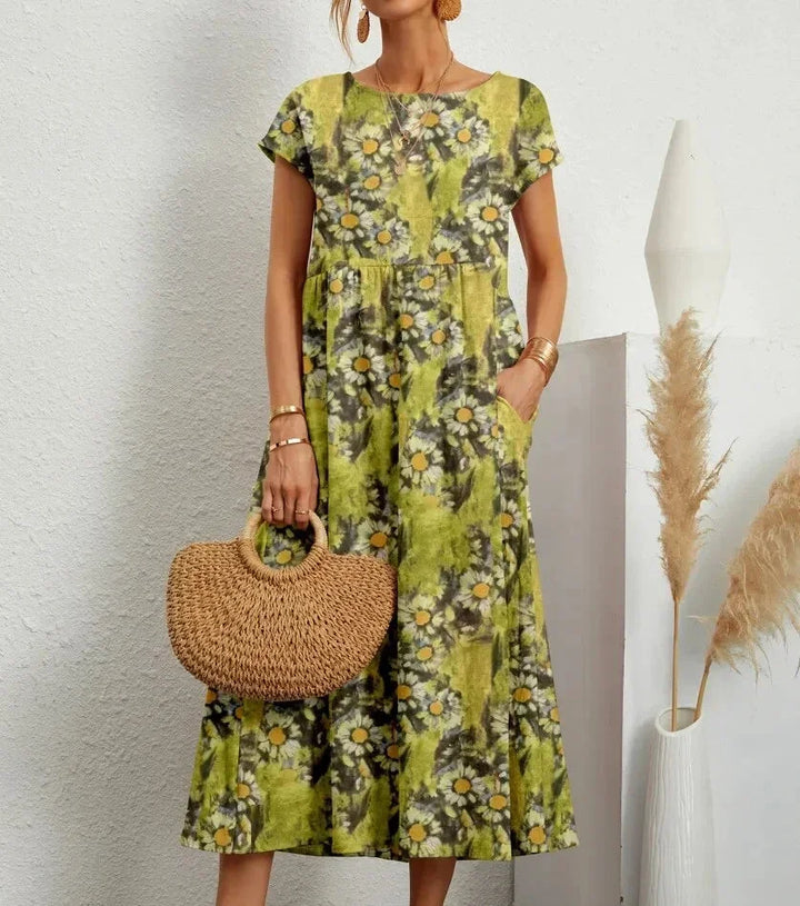 Women's Midi Dress in Floral Print Cotton with Pockets