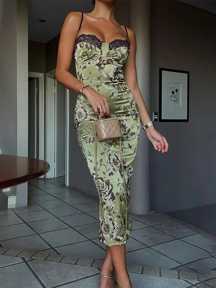 Satin Floral Midi Dress Strapless Corset Evening Summer