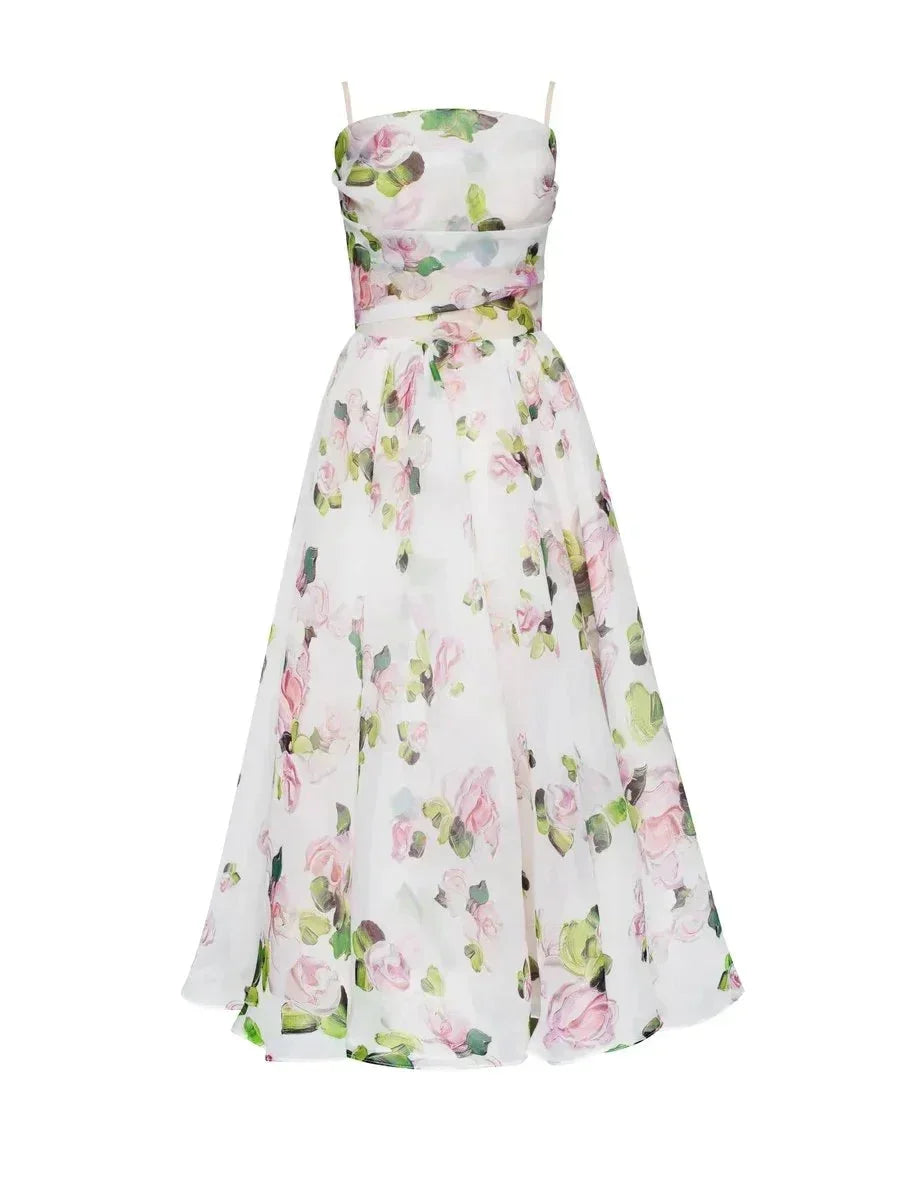 Fluid Midi Dress for Women with Fine Straps and Floral Print
