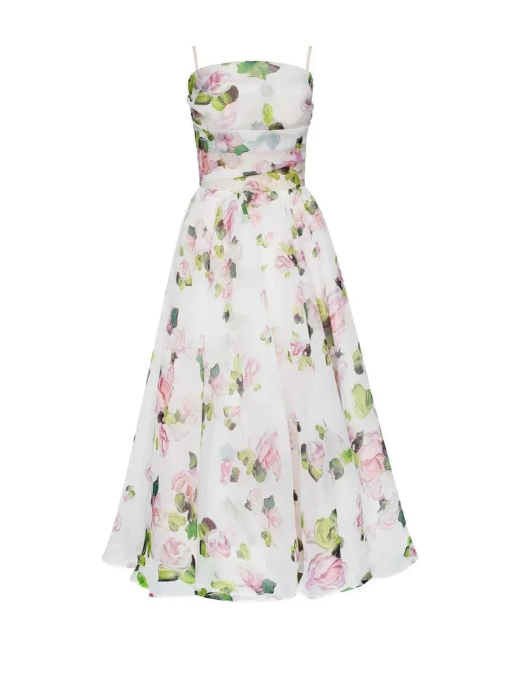 Fluid Midi Dress for Women with Fine Straps and Floral Print