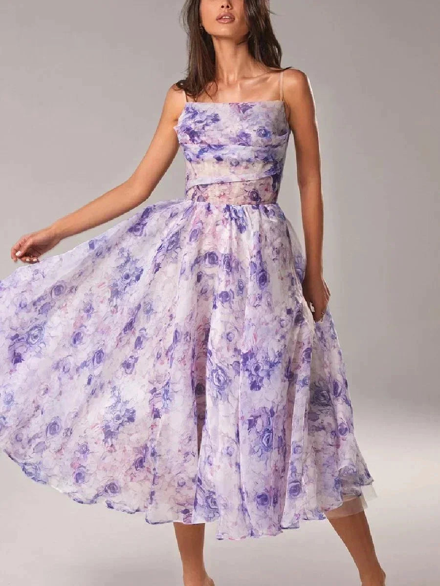 Fluid Midi Dress for Women with Fine Straps and Floral Print