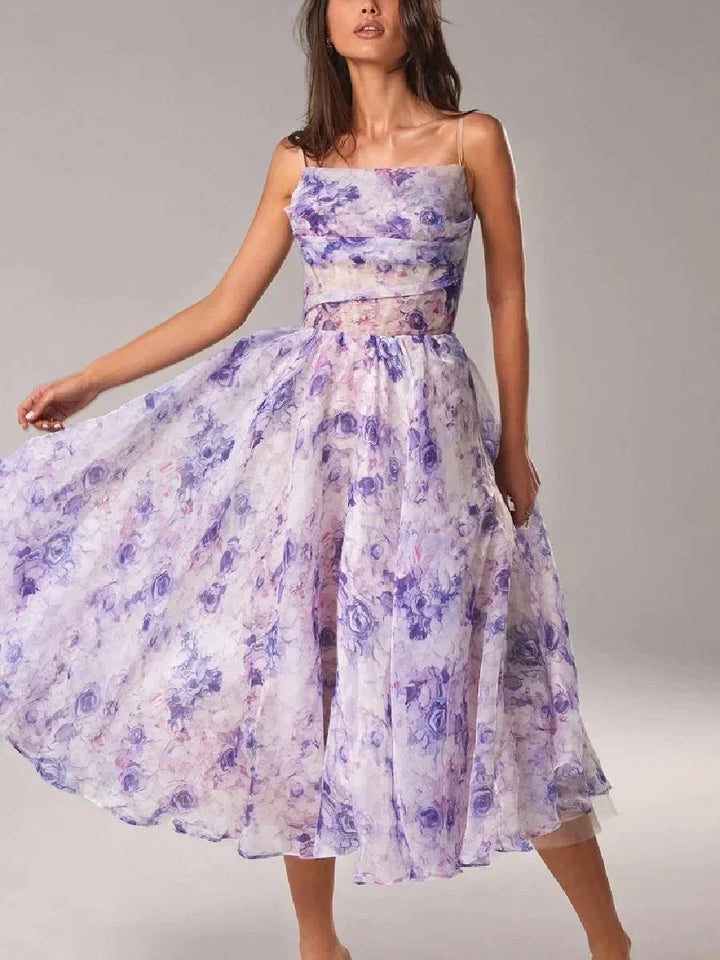 Fluid Midi Dress for Women with Fine Straps and Floral Print