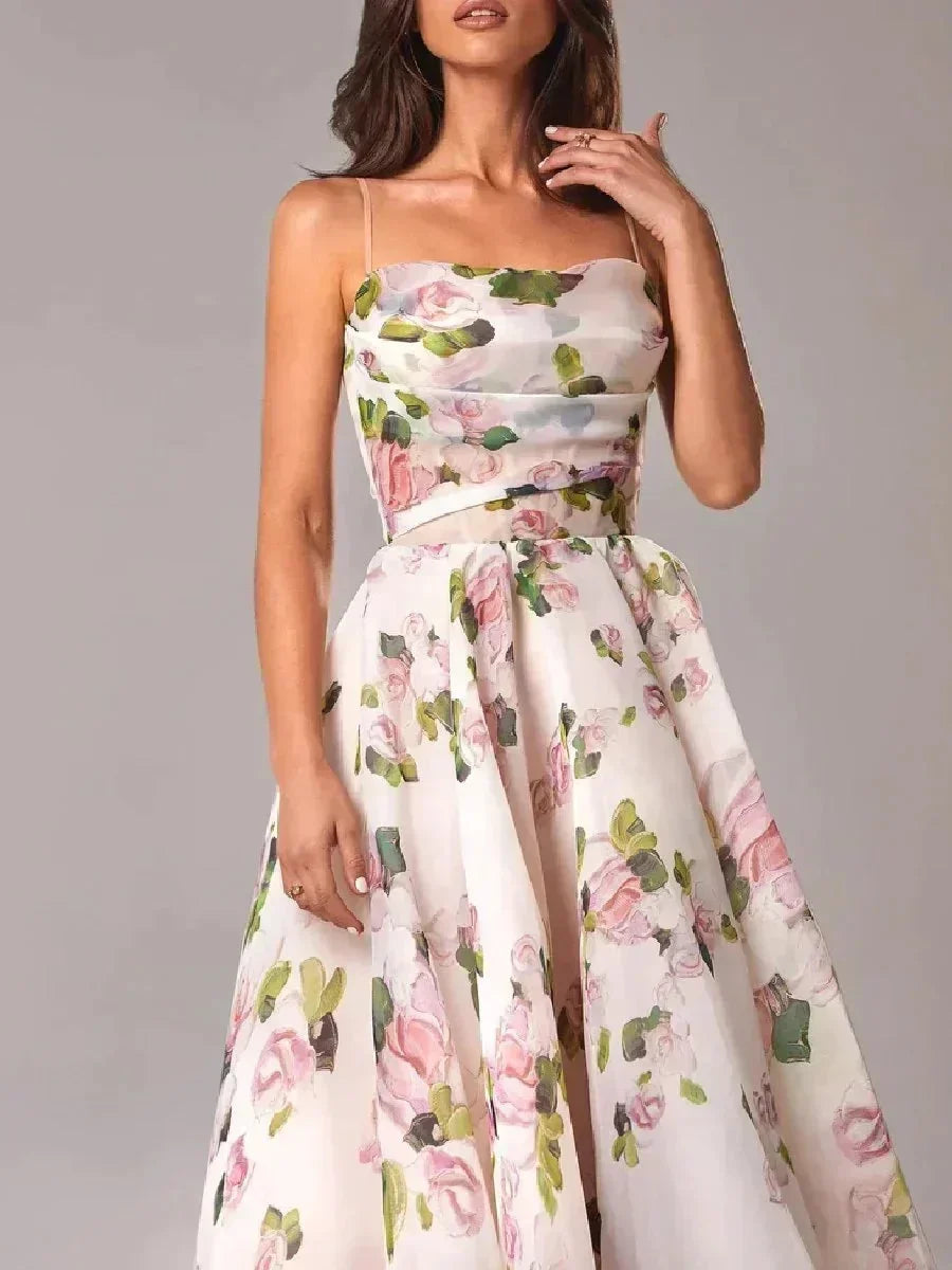 Fluid Midi Dress for Women with Fine Straps and Floral Print