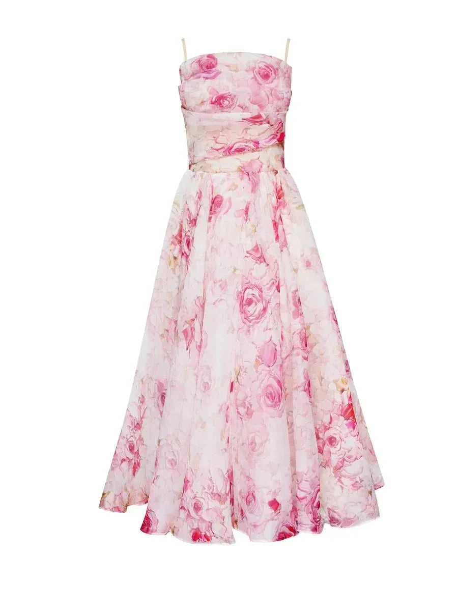 Fluid Midi Dress for Women with Fine Straps and Floral Print