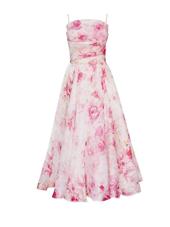 Fluid Midi Dress for Women with Fine Straps and Floral Print