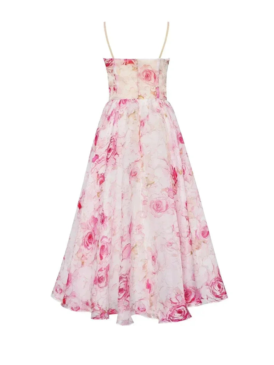 Fluid Midi Dress for Women with Fine Straps and Floral Print