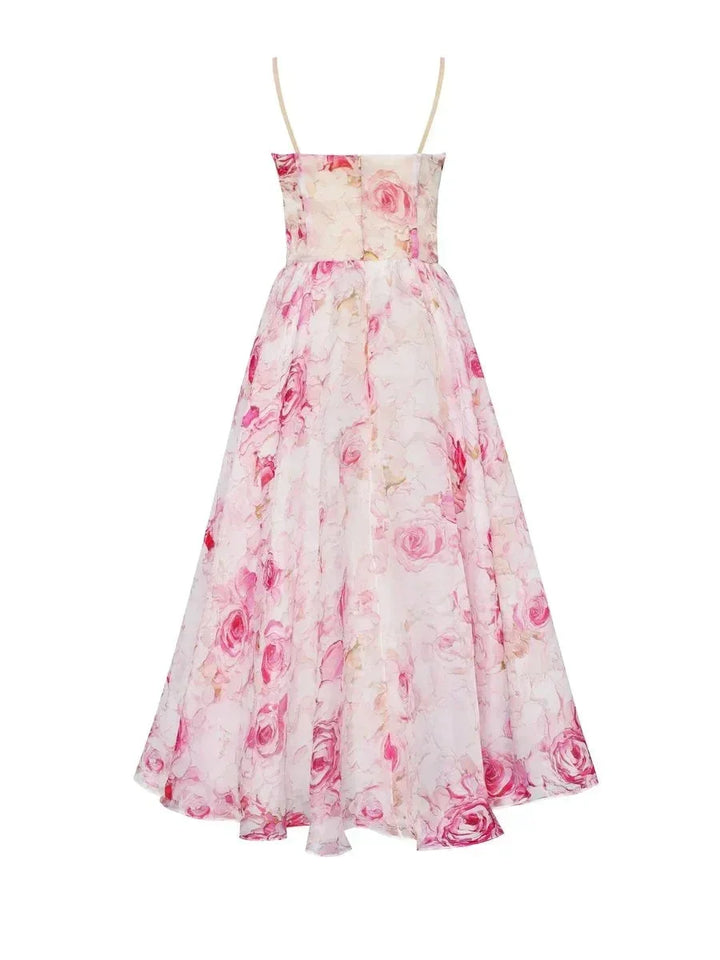 Fluid Midi Dress for Women with Fine Straps and Floral Print