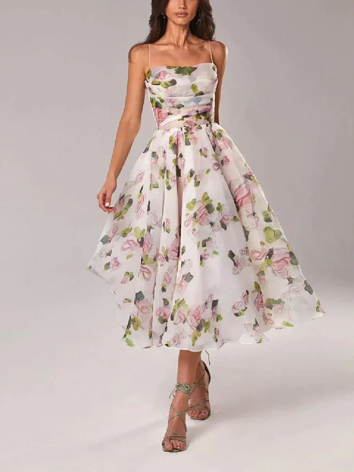 Fluid Midi Dress for Women with Fine Straps and Floral Print
