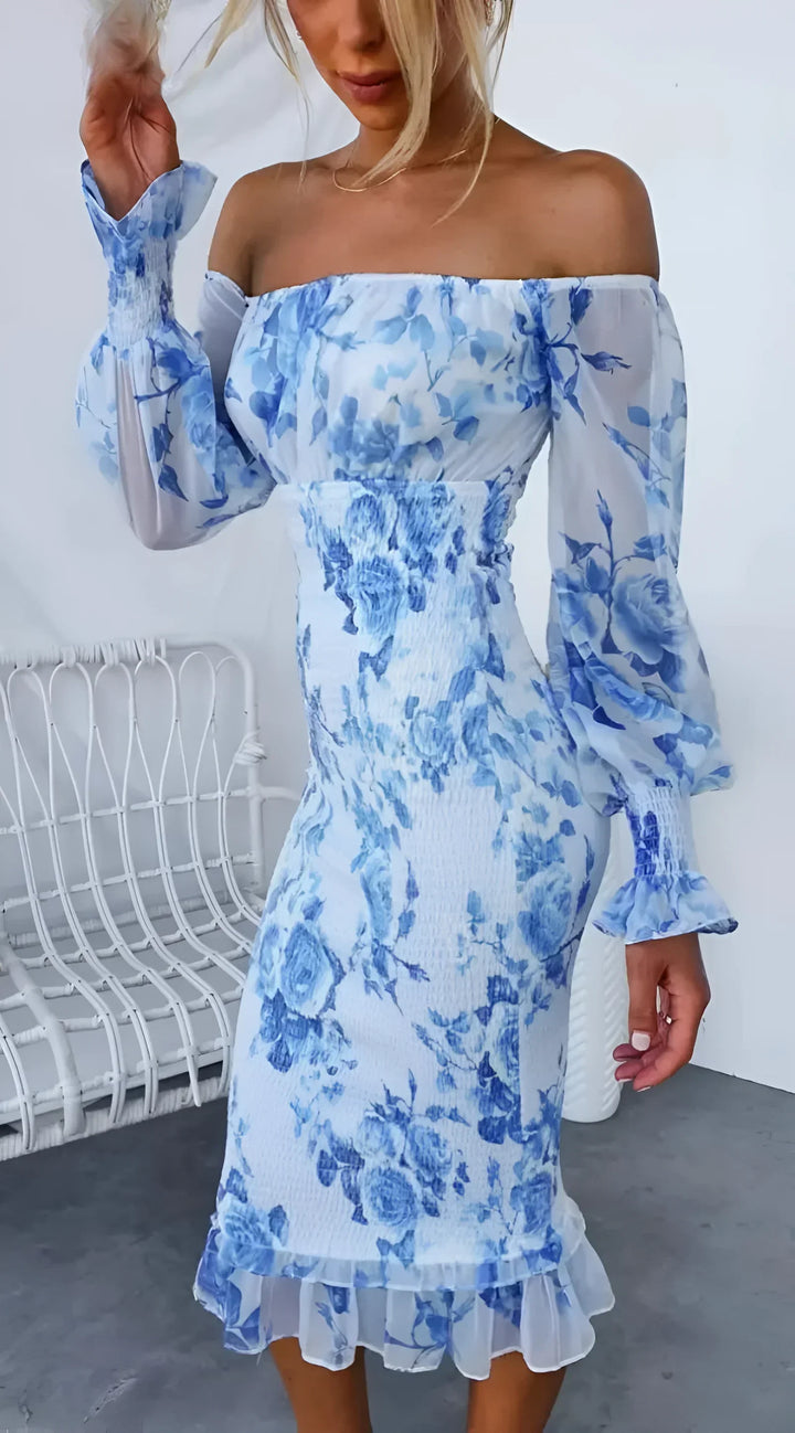 Floral Midi Dress for Women with Off-the-Shoulder Design and Long Sleeves