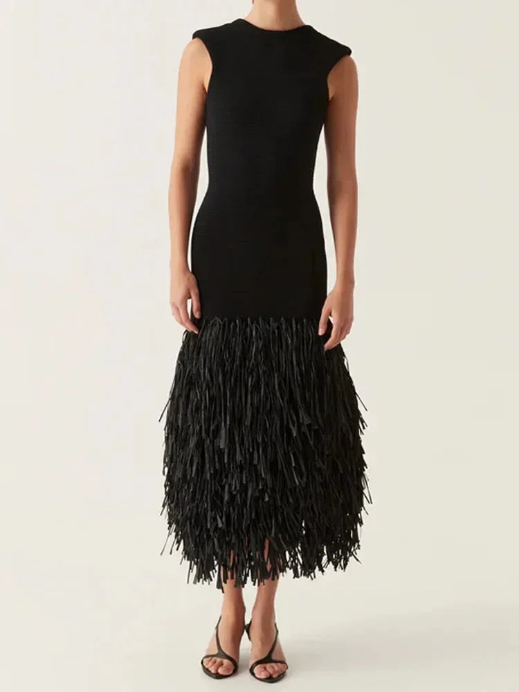 Black sleeveless midi dress with fringe hem
