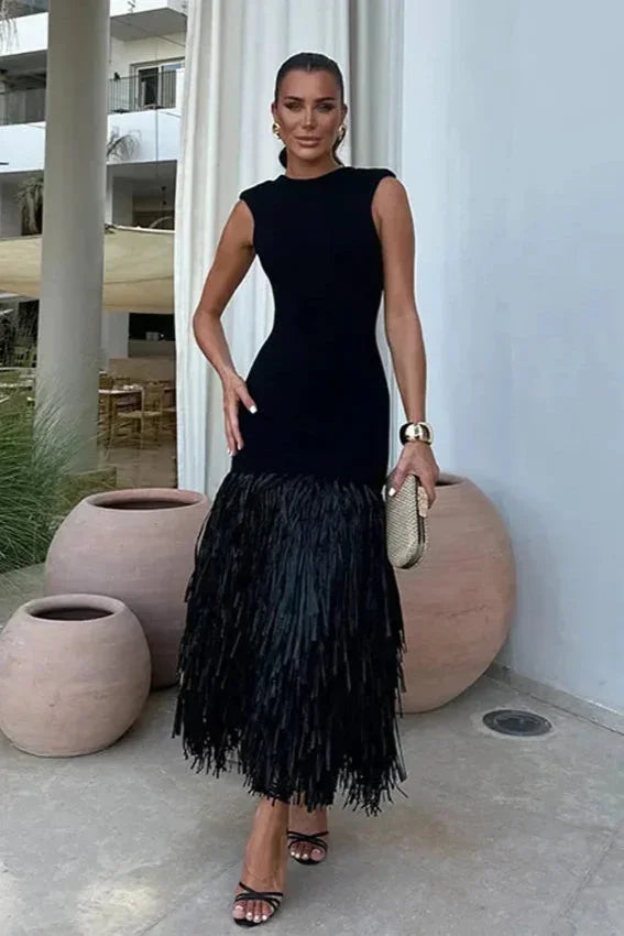 Black sleeveless midi dress with fringe hem
