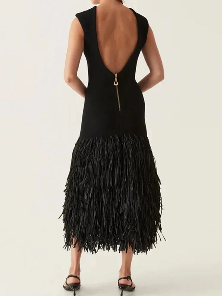 Black sleeveless midi dress with fringe hem
