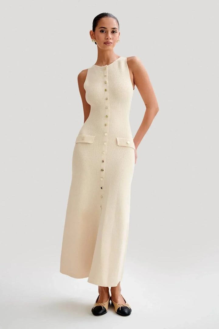 Sleeveless Buttoned Midi Dress with Ribbed Fabric