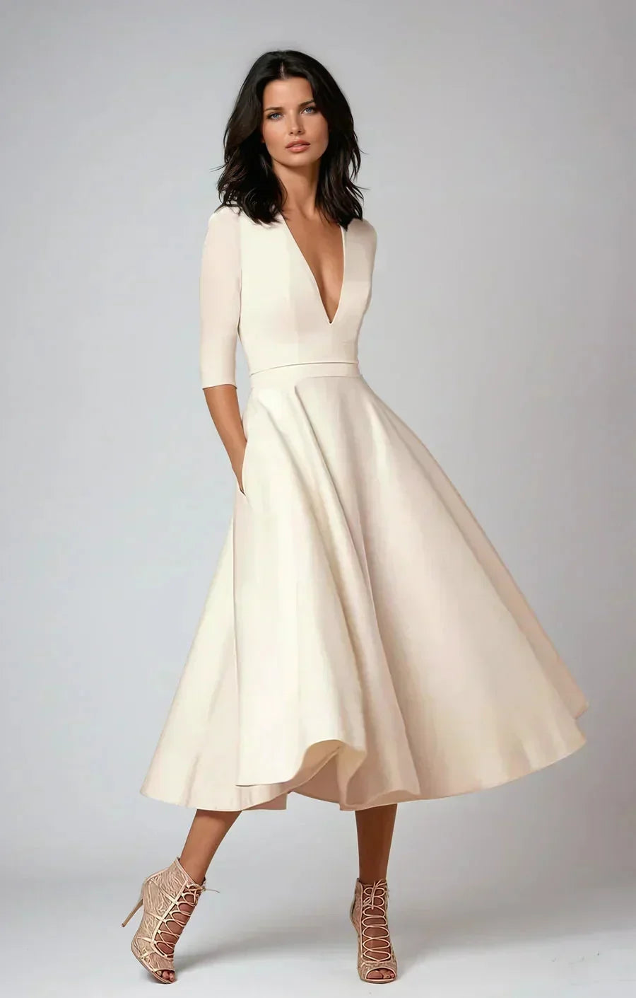 Flared Midi Dress with V-Neck and 3/4 Sleeves with Pockets
