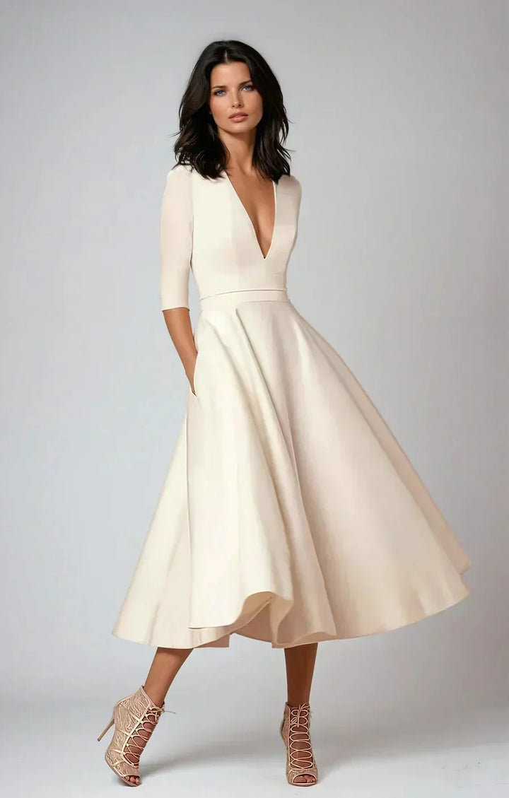 Flared Midi Dress with V-Neck and 3/4 Sleeves with Pockets
