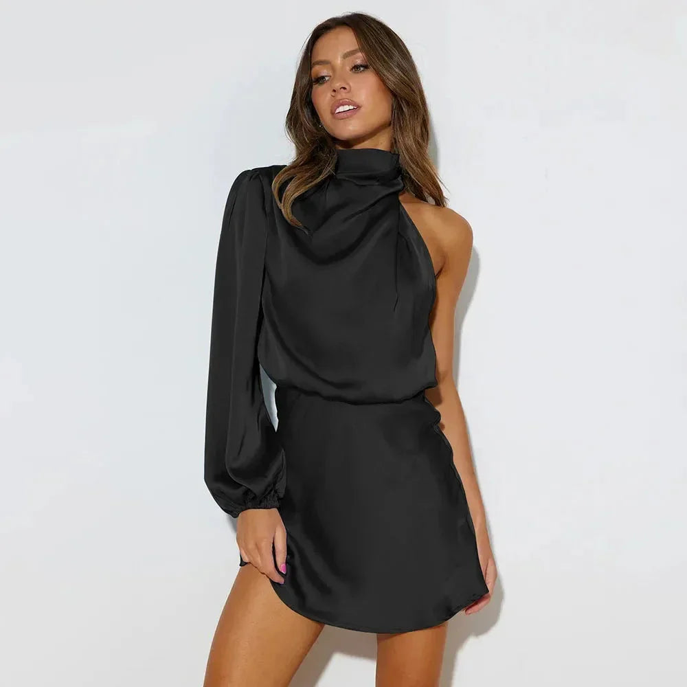 Asymmetrical Short Women's Dress with High Draped Neck and Long Sleeves