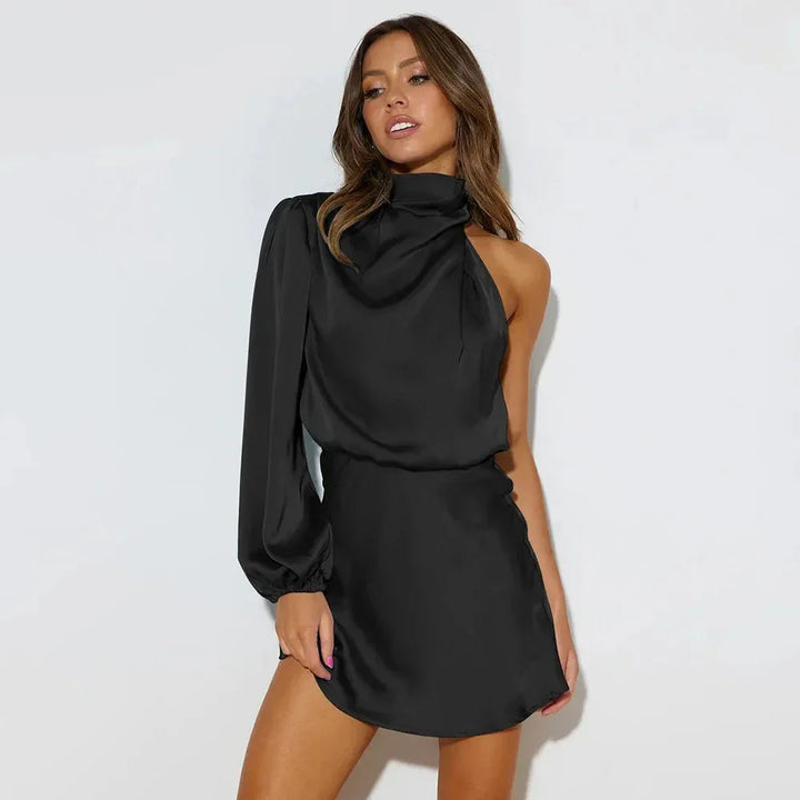 Asymmetrical Short Women's Dress with High Draped Neck and Long Sleeves