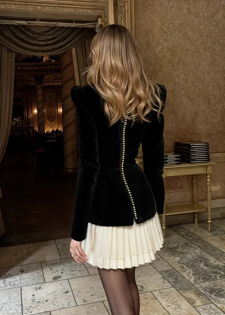 Short Black Dress with Structured Top and Pleated Skirt